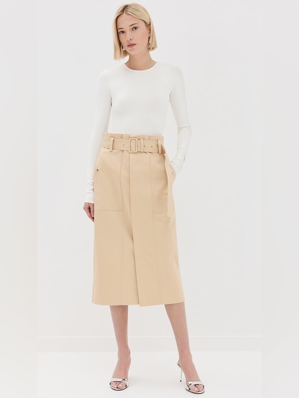NWT A.L.C. Belted Cotton-Twill Midi Skirt in Latte Size 8 - Picture 10 of 16